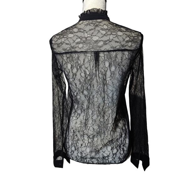 Bebe Women's Sz XS Black Sheer Lace Button Up Shirt Ruffle High Neckline - Picture 6 of 6